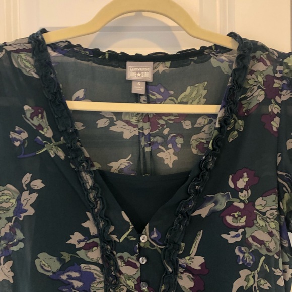 Converse | Navy Floral Short Sleeve Ruffle Print Fit & Flare Dress Size S - Picture 4 of 13